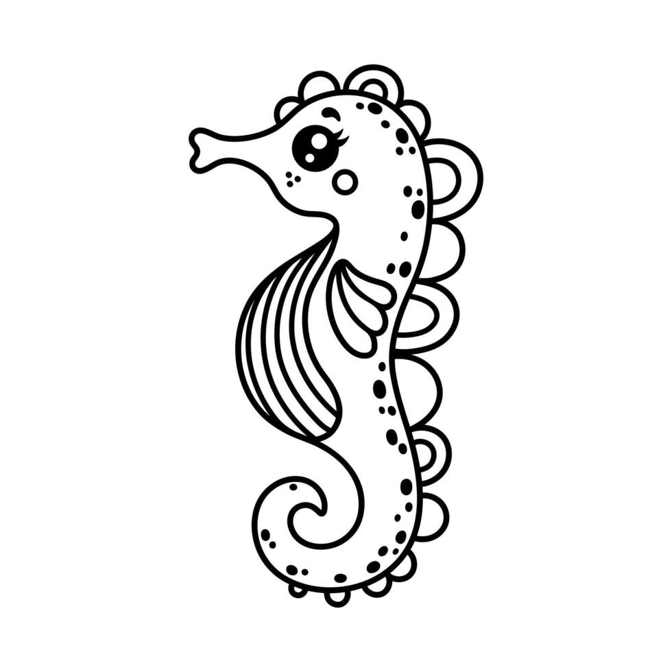 zeepaardje vector icoon. schattig onderwater- dier met een gekruld staart, gestreept buik, vin. grappig aquarium huisdier, oceaan vis. hand- getrokken tekening, zwart en wit clip art. marinier kleur bladzijde voor kinderen, baby's