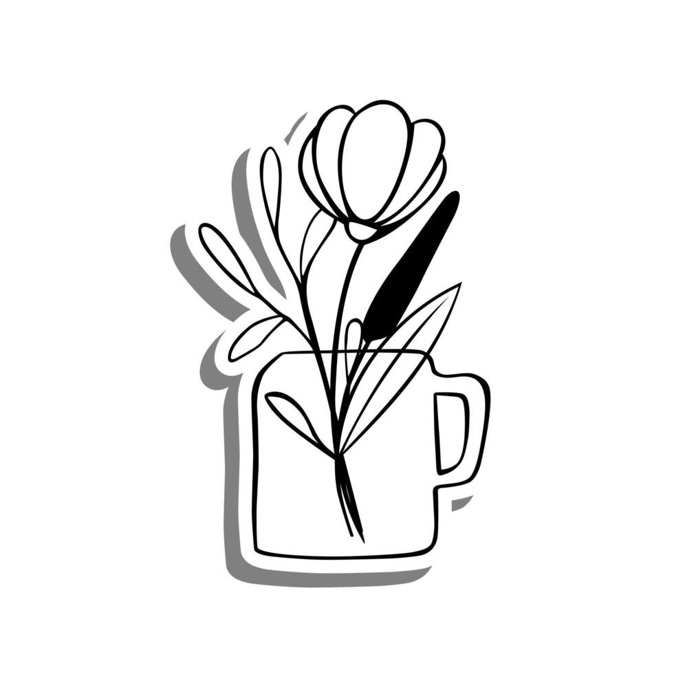 zwart lijn bloemen bladeren in mok Aan wit silhouet en grijs schaduw. hand- getrokken tekenfilm stijl. vector illustratie voor versieren en ieder ontwerp.