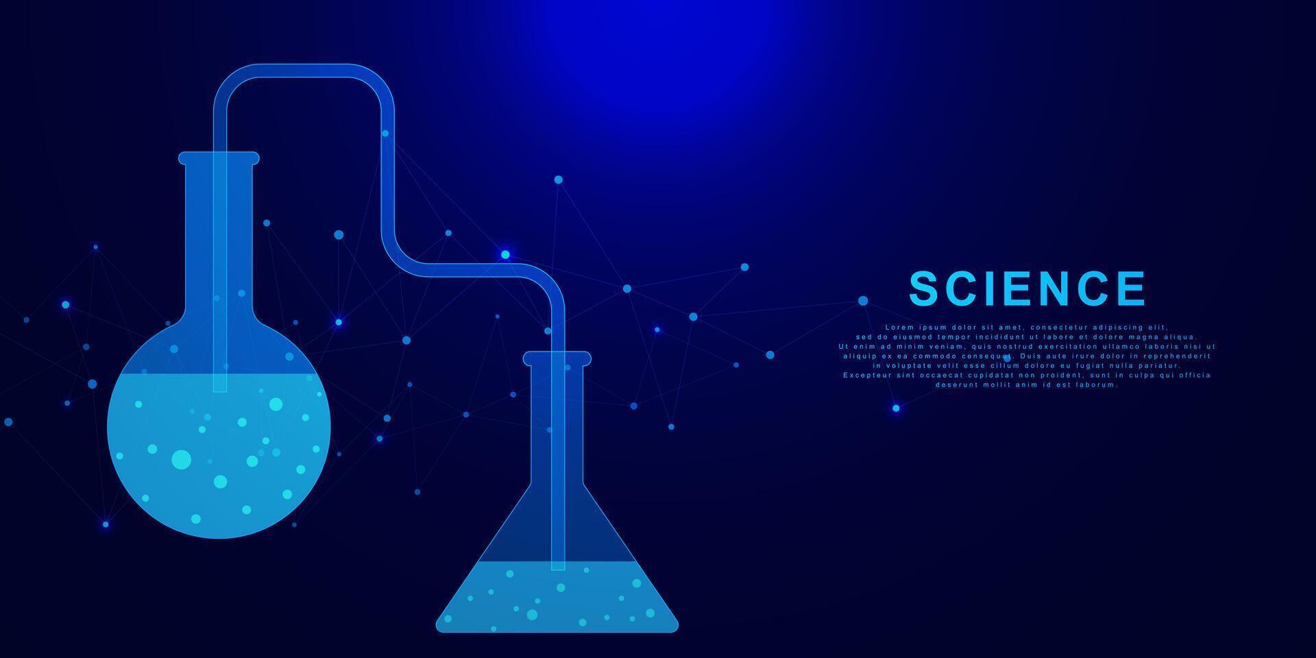 wetenschap en chemie laboratorium uitrusting met glas kolven. chemisch laboratorium experiment en bedrijf geneeskunde concept Aan donker blauw achtergrond. vector illustratie.