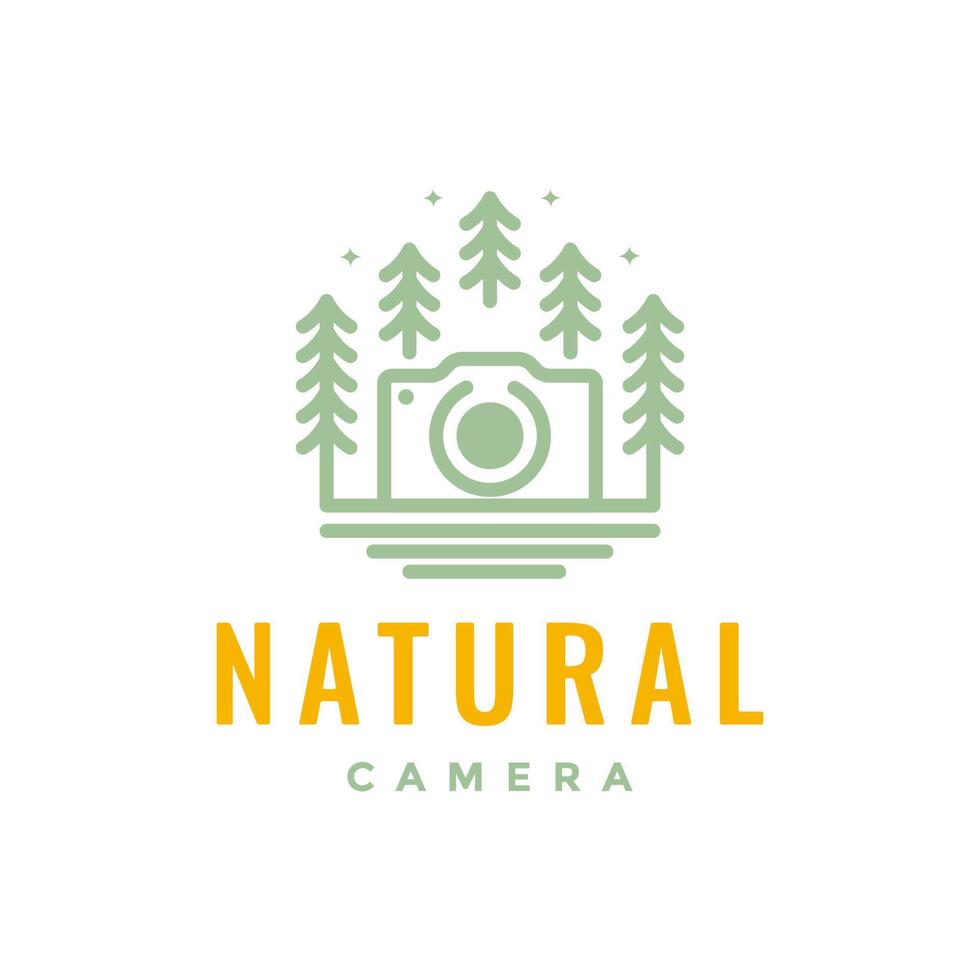 buitenshuis natuur fotografie camera pijnboom boom Woud minimaal stijl lijn gemakkelijk kleurrijk logo ontwerp vector icoon illustratie