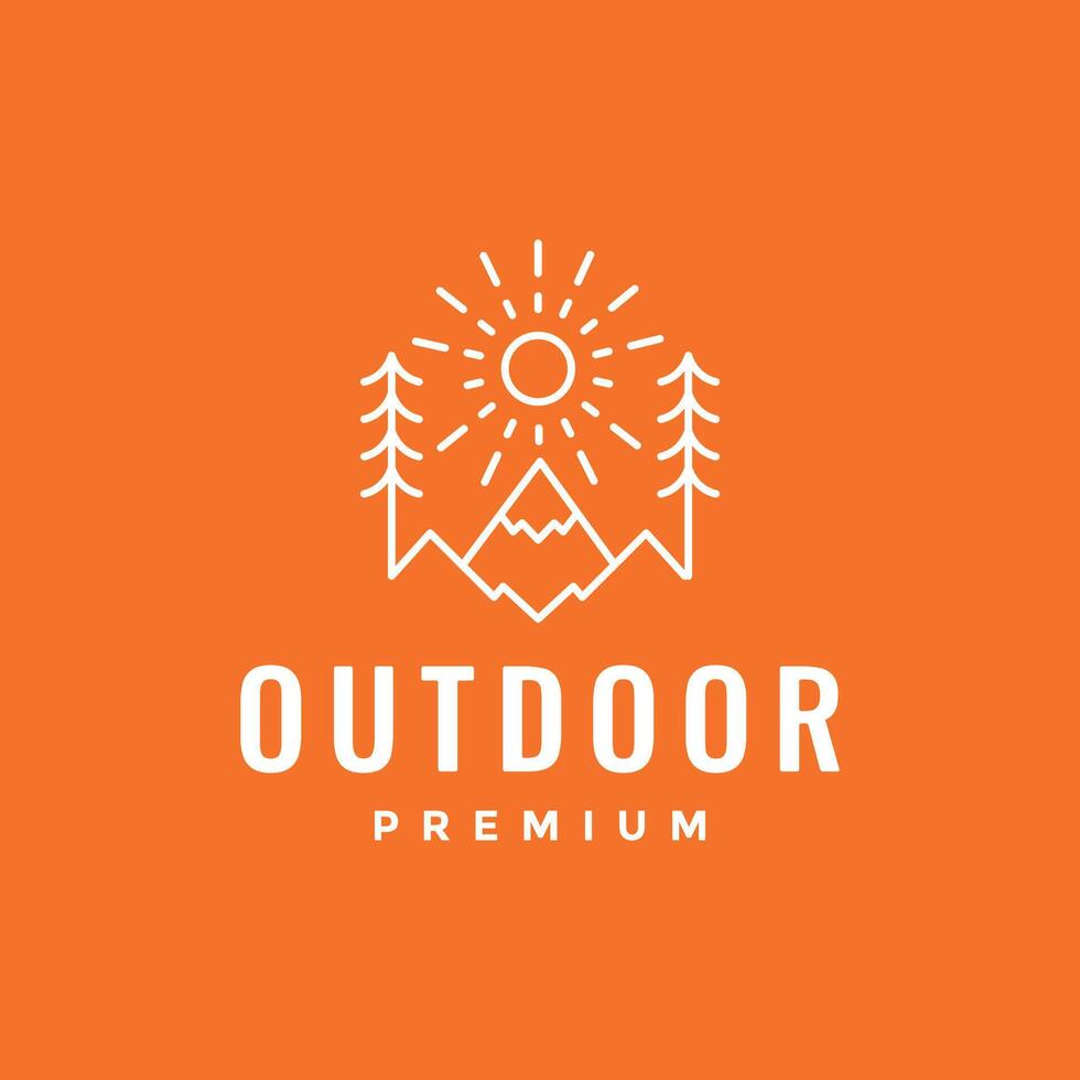 buitenshuis berg bomen Woud zonnestraal minimalistische stijl lijn hipster gekleurde logo ontwerp vector icoon illustratie