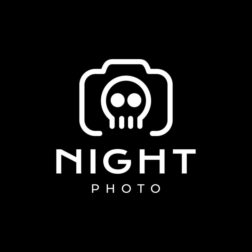 schedel met camera fotografie nacht laten schrikken minimaal gemakkelijk lijn stijl logo ontwerp vector icoon illustratie