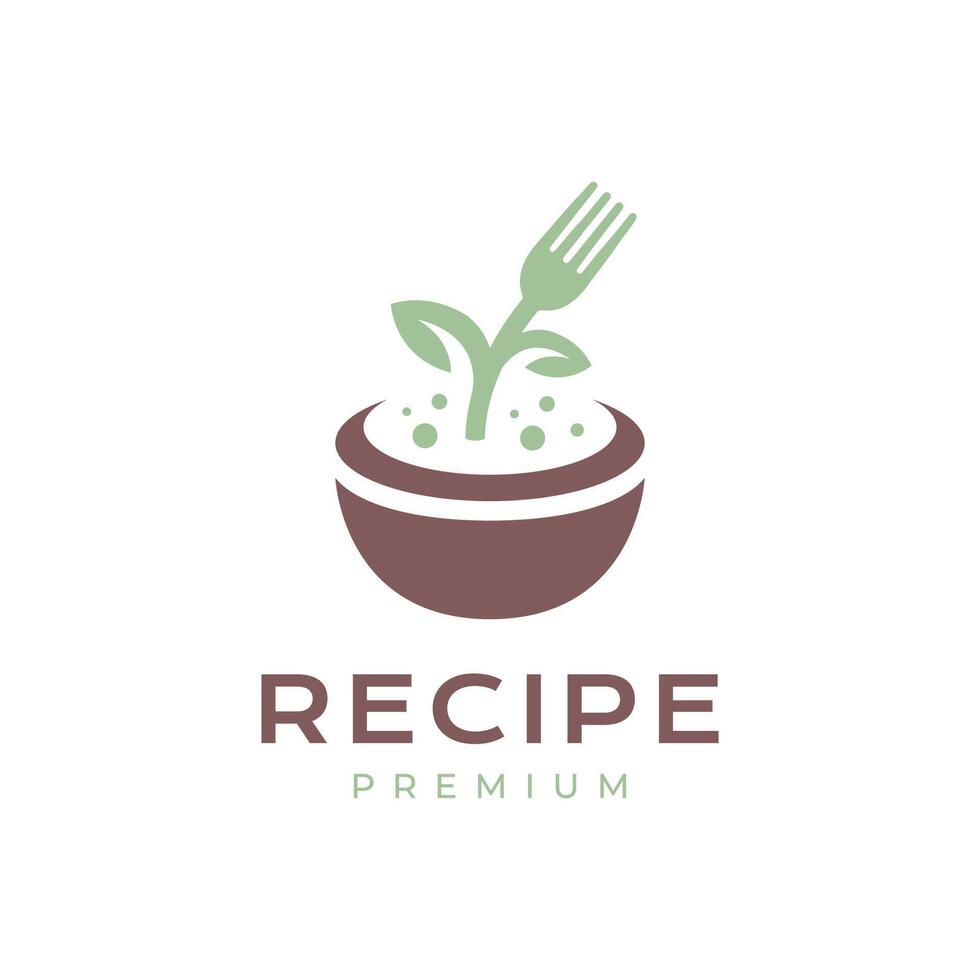 kom met vork fabriek bladeren groente voedsel recept keuken modern logo ontwerp vector icoon illustratie