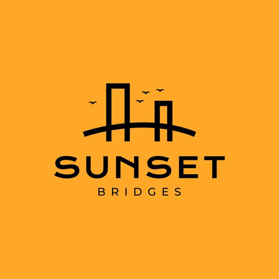 suspensie brug gebouw bouw zonsondergang met vogelstand kolonie modern gemakkelijk minimalistische logo ontwerp vector icoon illustratie