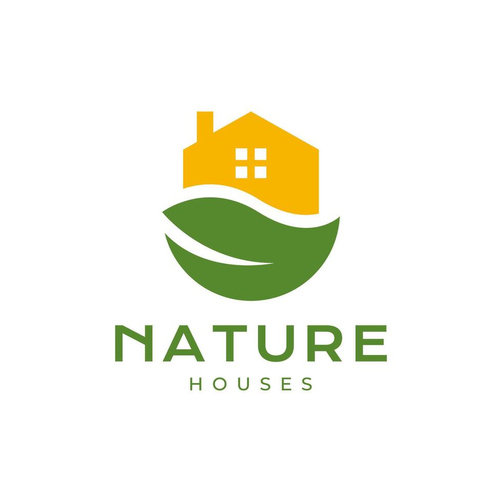 huis schoorsteen met bladeren natuur modern vlak gekleurde minimalistische logo ontwerp vector illustratie