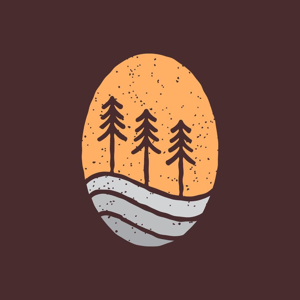 pijnboom boom net Woud land- met zonsondergang cirkel vorm wijnoogst grunge retro gemakkelijk logo ontwerp vector icoon illustratie