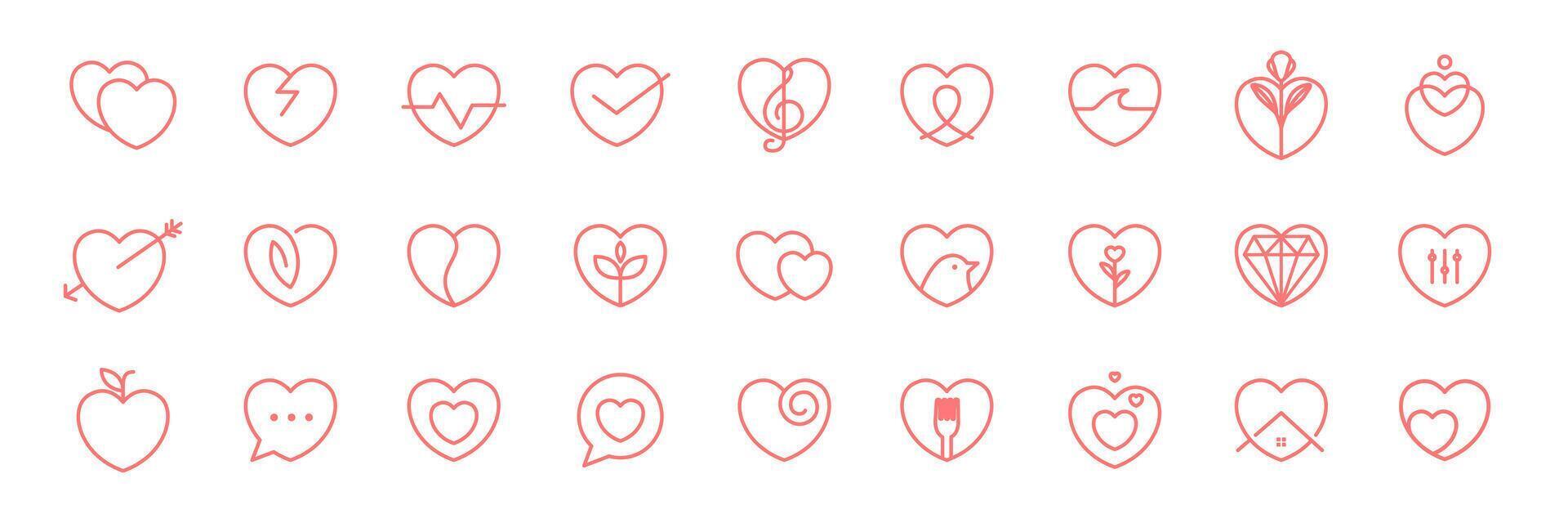 liefde hart met soort van hobby's favoriete lijn stijl gemakkelijk modern icoon reeks verzameling teken symbool logo ontwerp vector illustratie