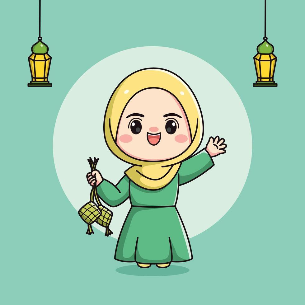 schattig moslim meisje karakter Holding ketupat vector