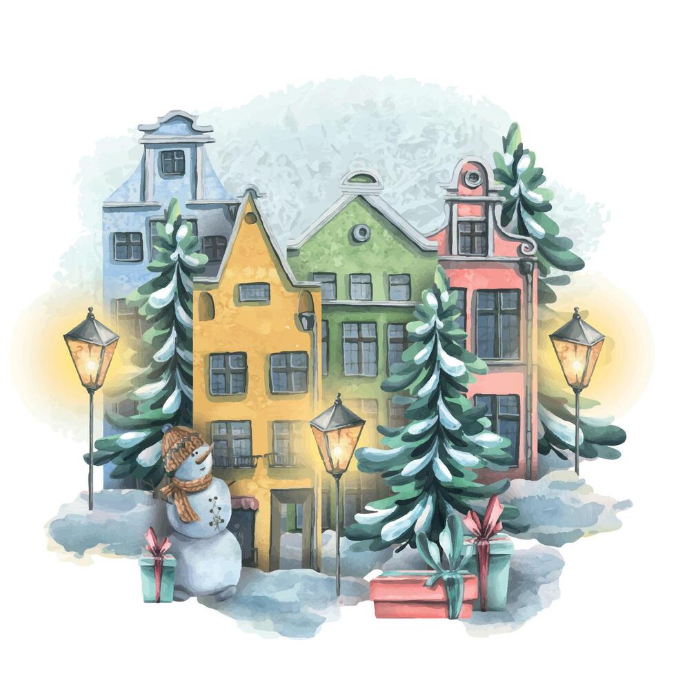 schattig Europese huizen met Kerstmis bomen, geschenken, een sneeuwman en lantaarns in de sneeuw. waterverf illustratie. voor de ontwerp en decoratie van ansichtkaarten, affiches, toerisme, nieuw jaar, kerstmis. vector