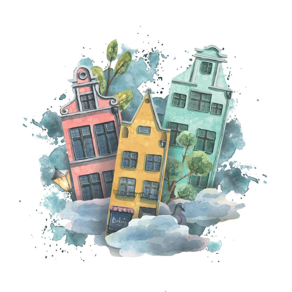 schattig Europese huizen in de wolken met bomen en waterverf vlekken. waterverf illustratie. samenstelling voor de ontwerp en decoratie van stickers, ansichtkaarten, affiches, souvenirs, toerist boekjes. vector