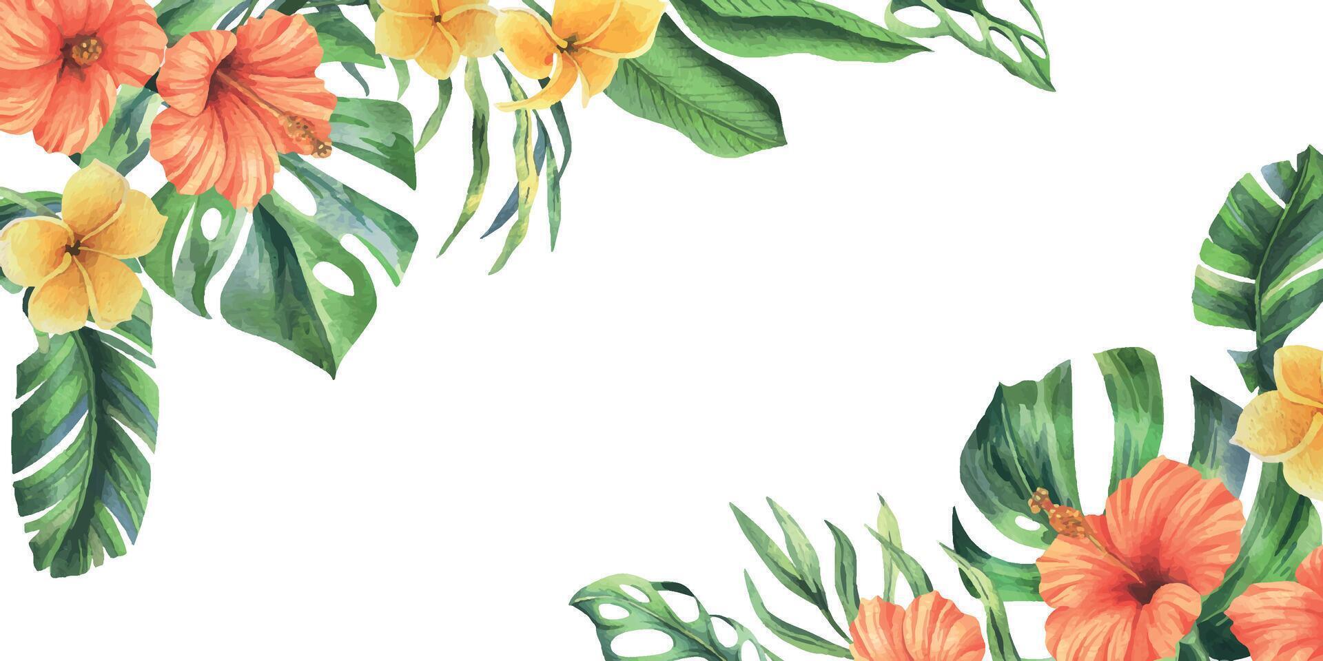 tropisch palm bladeren, monstera en bloemen van plumeria, hibiscus, helder sappig. hand- getrokken waterverf botanisch illustratie. sjabloon, kader geïsoleerd van de achtergrond. vector