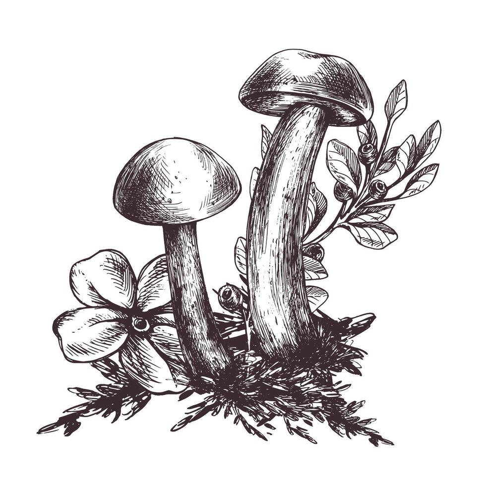 champignons Woud boletus met gras, bosbessen, mos en ijshoorntje. grafisch botanisch illustratie hand- getrokken in bruin inkt. voor recepten, verpakking, herfst festival, oogst. geïsoleerd samenstelling vector