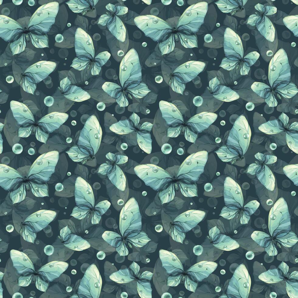 delicaat turkoois en blauw vlinders met bubbels zijn luchtig, licht, mooi. hand- getrokken waterverf illustratie. naadloos patroon Aan een donker achtergrond voor kleding stof, textiel, behang, verpakking. vector