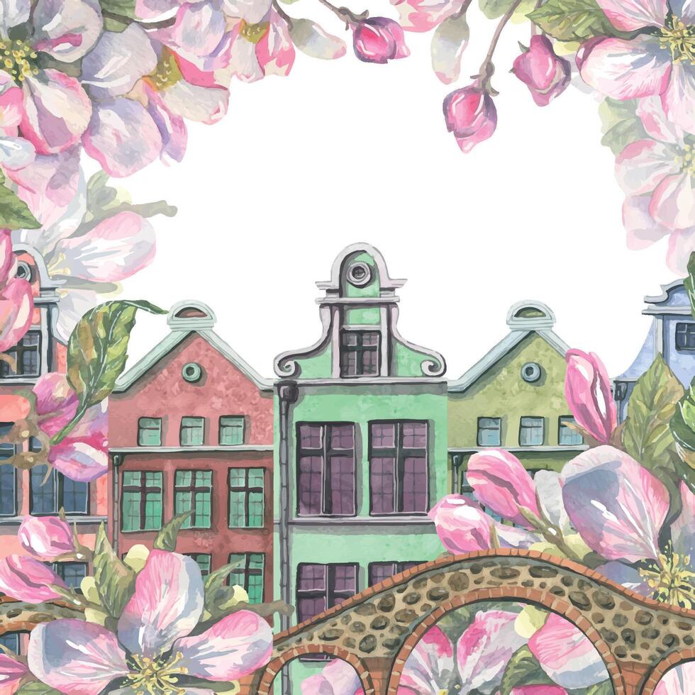 schattig kleurrijk huizen met steen bruggen en roze appel bloeit. waterverf illustratie. kader van de verzameling van Europese huizen. voor de ontwerp en decoratie van ansichtkaarten, kaarten, souvenirs vector