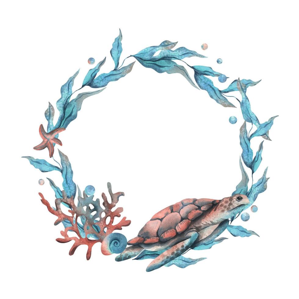 onderwater- wereld clip art met zee dieren schildpad, schelpen, bubbels, koraal en algen. hand- getrokken waterverf illustratie. kader, sjabloon, krans geïsoleerd van de achtergrond. vector