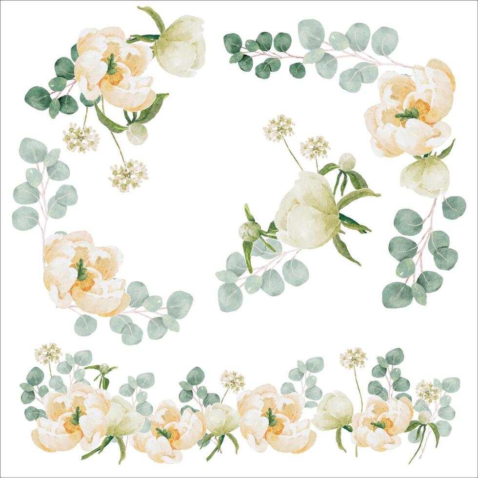 waterverf wit pioen en roos gebladerte bloem boeket krans kader bruiloft wit achtergrond geïsoleerd vector