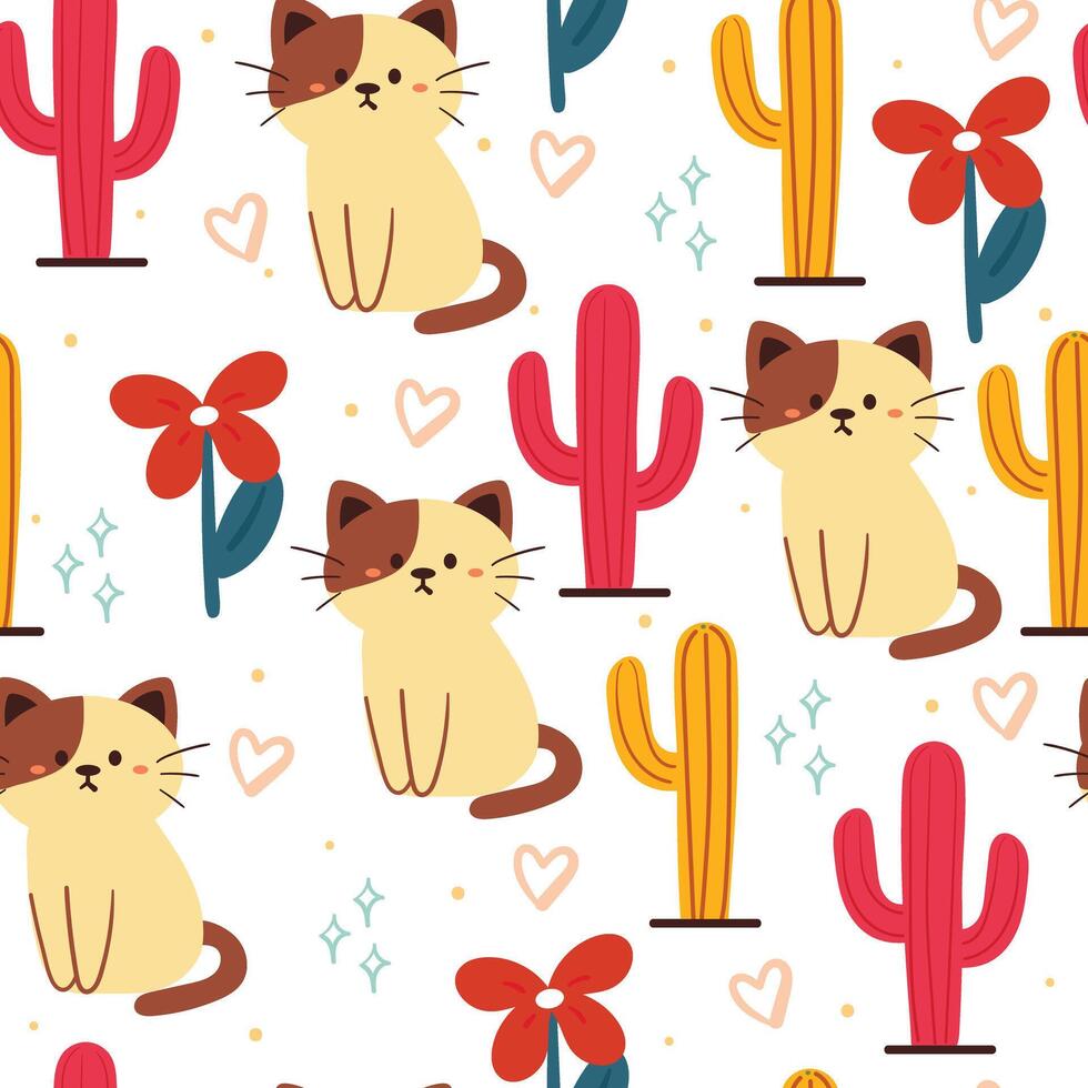 naadloos patroon hand- tekening tekenfilm kat met cactus en bloem. dier tekening voor kleding stof afdrukken, textiel, geschenk inpakken papier vector