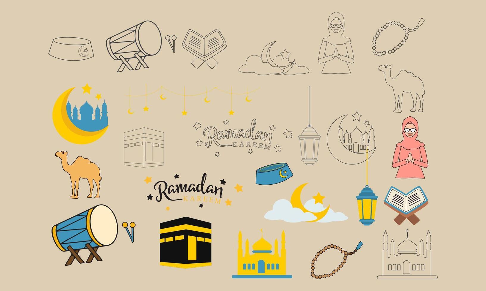 schattig Ramadhan reeks hand getekend vector illustratie. bevat zwart en kleur stijl