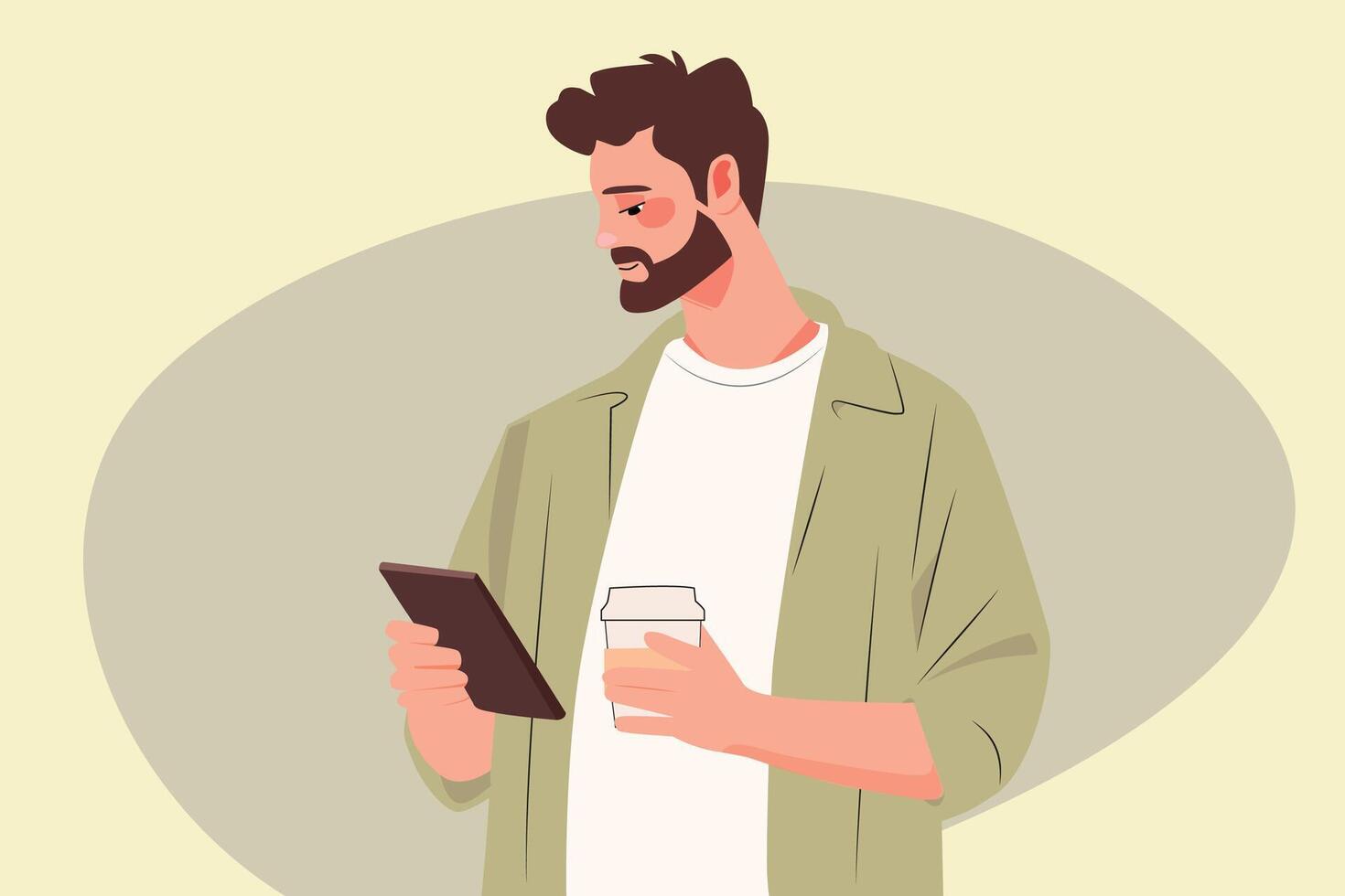 vector glimlachen Mens in een groen overhemd en jeans Holding een telefoon en een kop van koffie