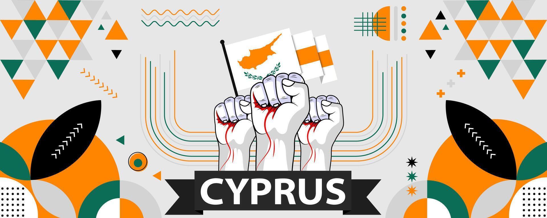 Cyprus nationaal of onafhankelijkheid dag banier voor land viering. Cyprus vlag met verheven vuisten. modern retro ontwerp met typorgaphy abstract meetkundig pictogrammen. vector illustratie.