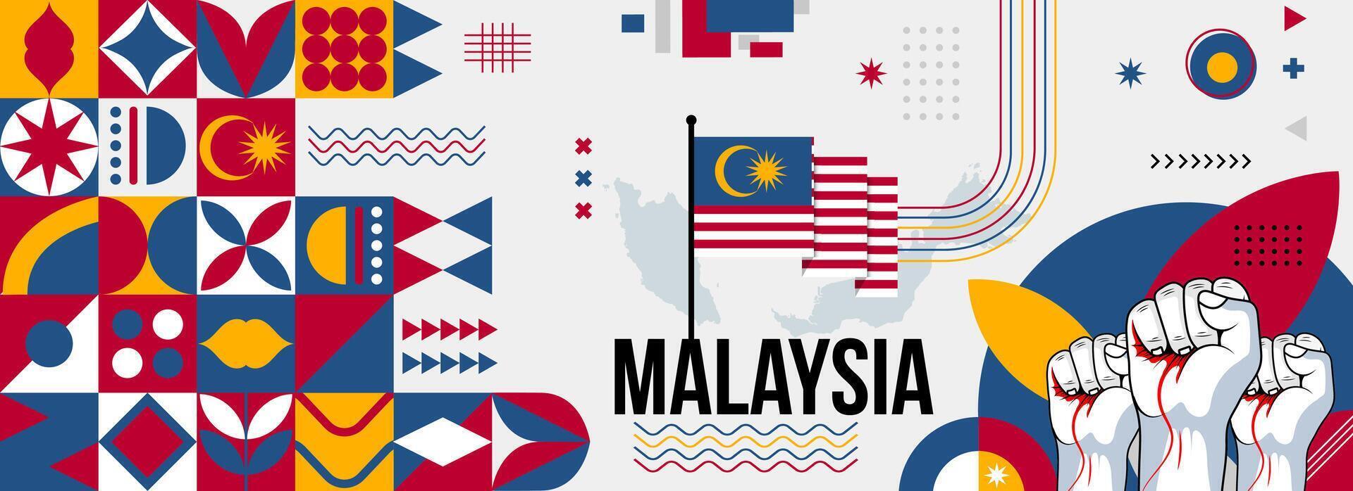 Maleisië nationaal of onafhankelijkheid dag banier voor land viering. vlag en kaart van Maleisië met verheven vuisten. modern retro ontwerp met typorgaphy abstract meetkundig pictogrammen. vector illustratie