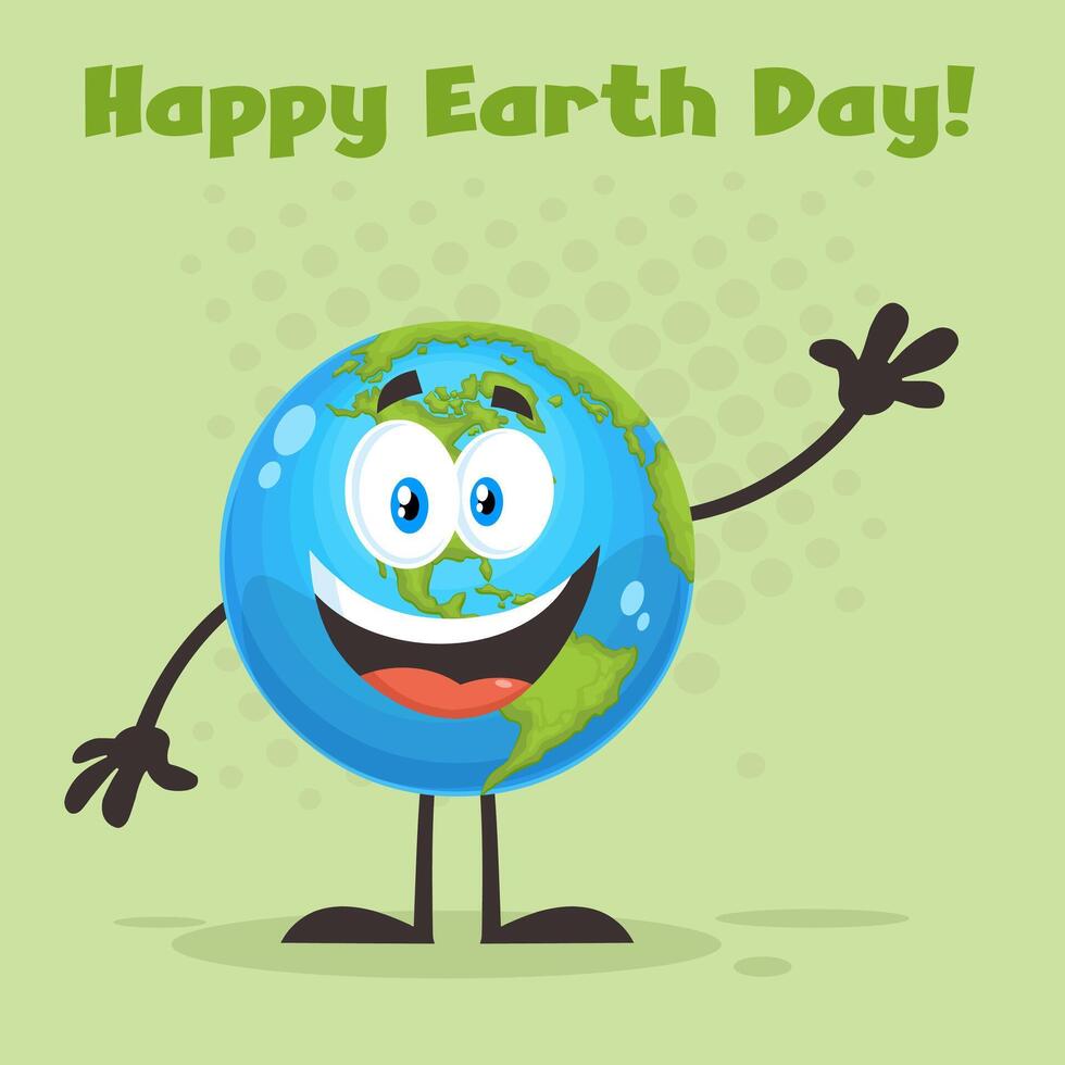 gelukkig aarde wereldbol tekenfilm karakter golvend voor groet. vector vlak ontwerp illustratie met achtergrond en tekst