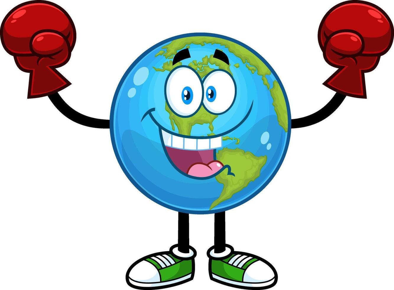 gelukkig aarde wereldbol tekenfilm karakter vervelend boksen handschoenen. vector hand- getrokken illustratie