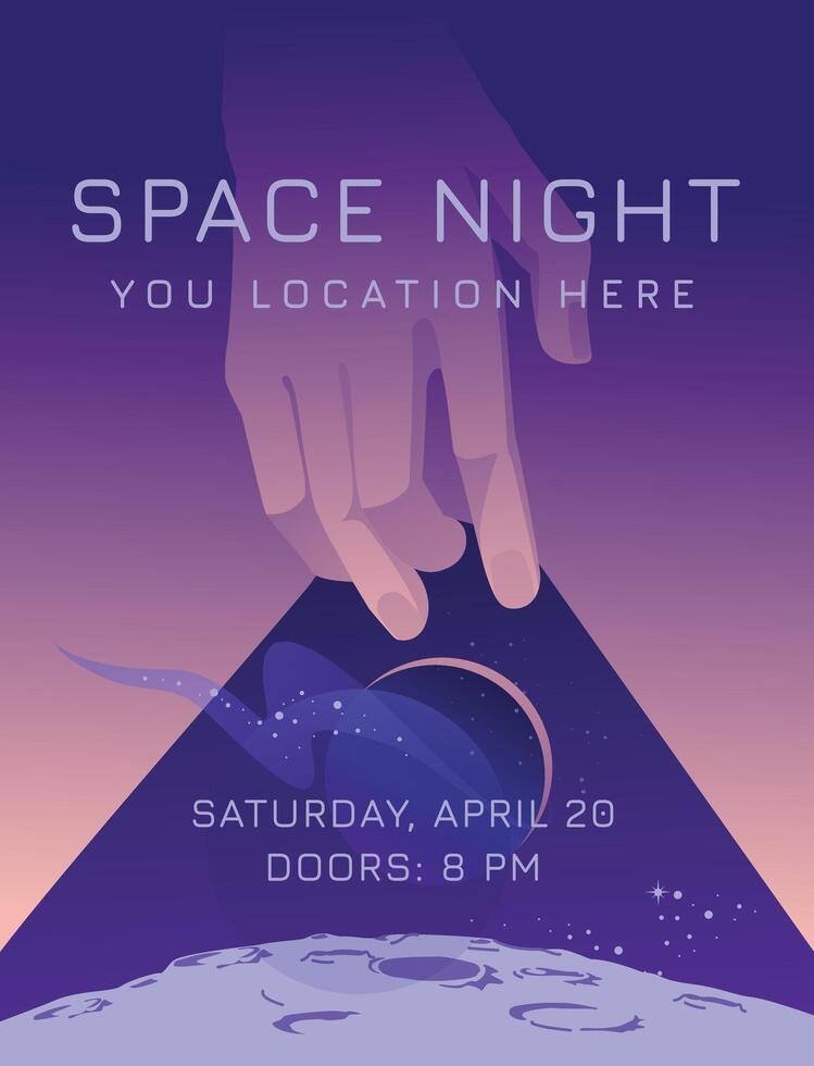 ruimte partij poster. advertentie van nachtclub evenementen. de menselijk hand- opent de nacht ruimte. groet kaart ontwerp concept. vector illustratie