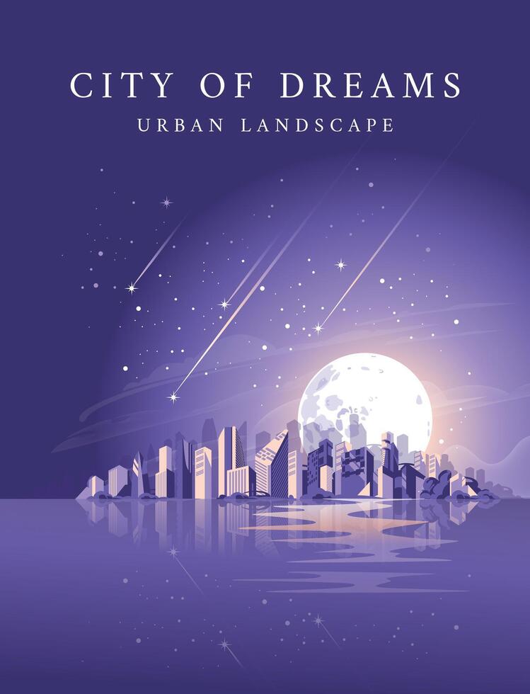 stad wolkenkrabbers in water reflectie. een lang maanlicht nacht. Purper poster. horizontaal panorama. vallend sterren vector