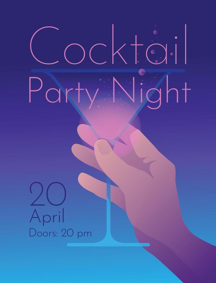 cocktail partij nacht poster. advertentie van club leven. hand- met cocktail. neon verloop. vector illustratie