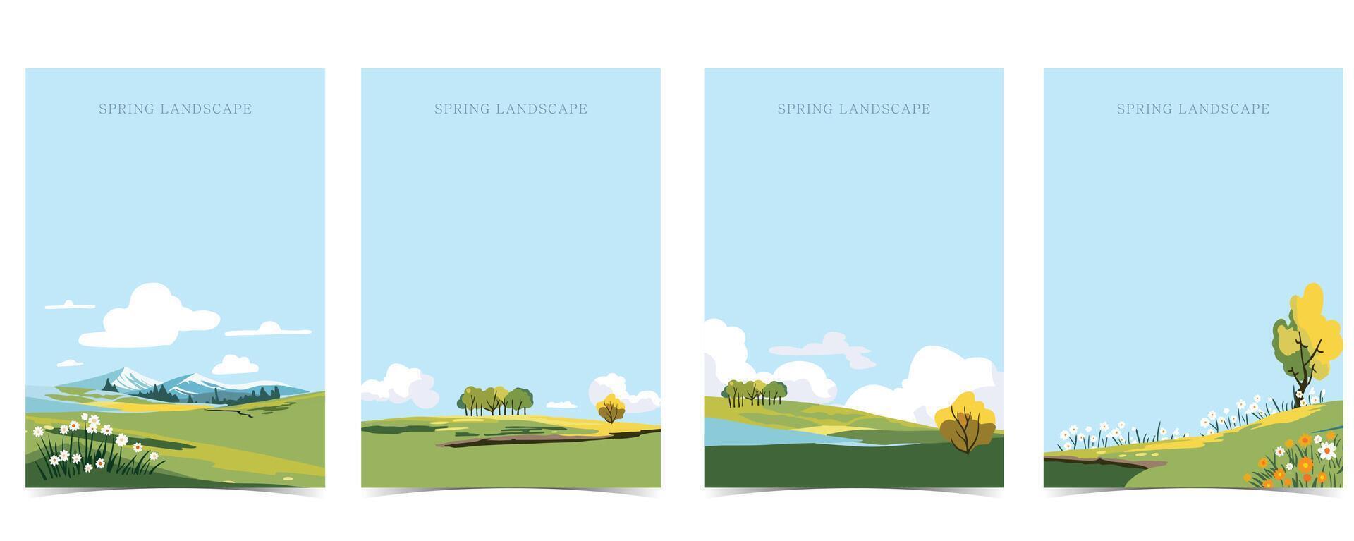 voorjaar landschap achtergrond met berg en boom bewerkbare vector illustratie voor ansichtkaart,a4 verticaal grootte