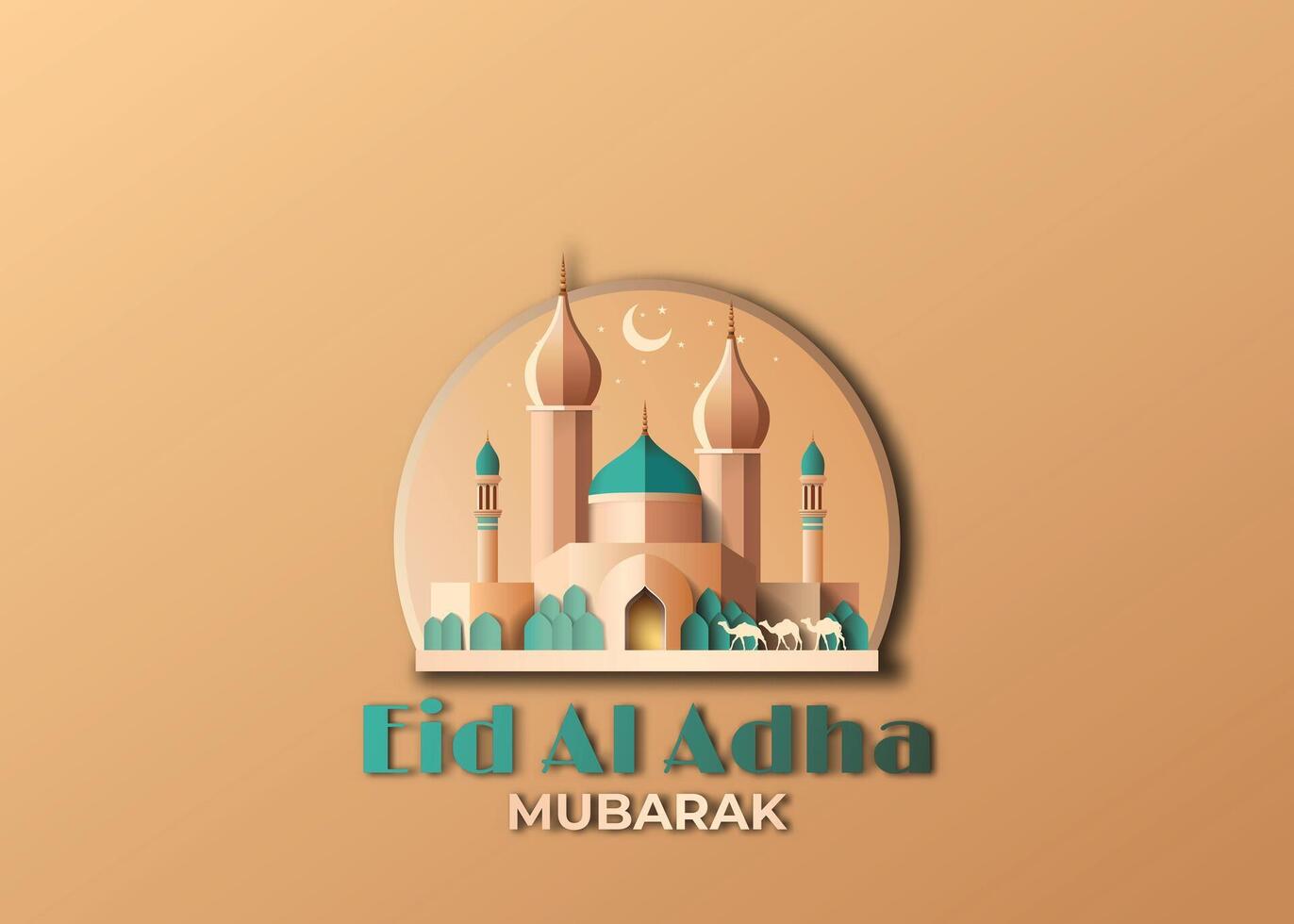 eid al adha groet kaart met moskee papier besnoeiing stijl vector illustratie