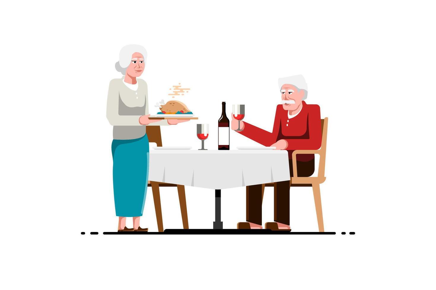 senior paar romantisch avondeten maaltijd, oud vrouw Holding dienblad gebakken kip met oud Mens drinken rood wijn Aan tafel, vector illustratie.