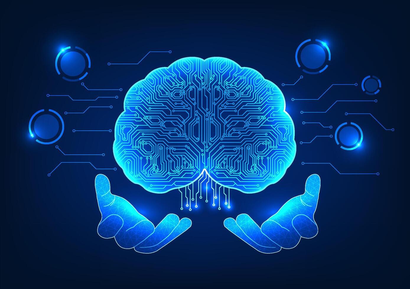kunstmatig intelligentie- technologie de hand- Holding de hersenen binnen is een technologisch circuit. shows ai technologie dat was gemaakt naar helpen met analytisch denken. en menselijk werk vector
