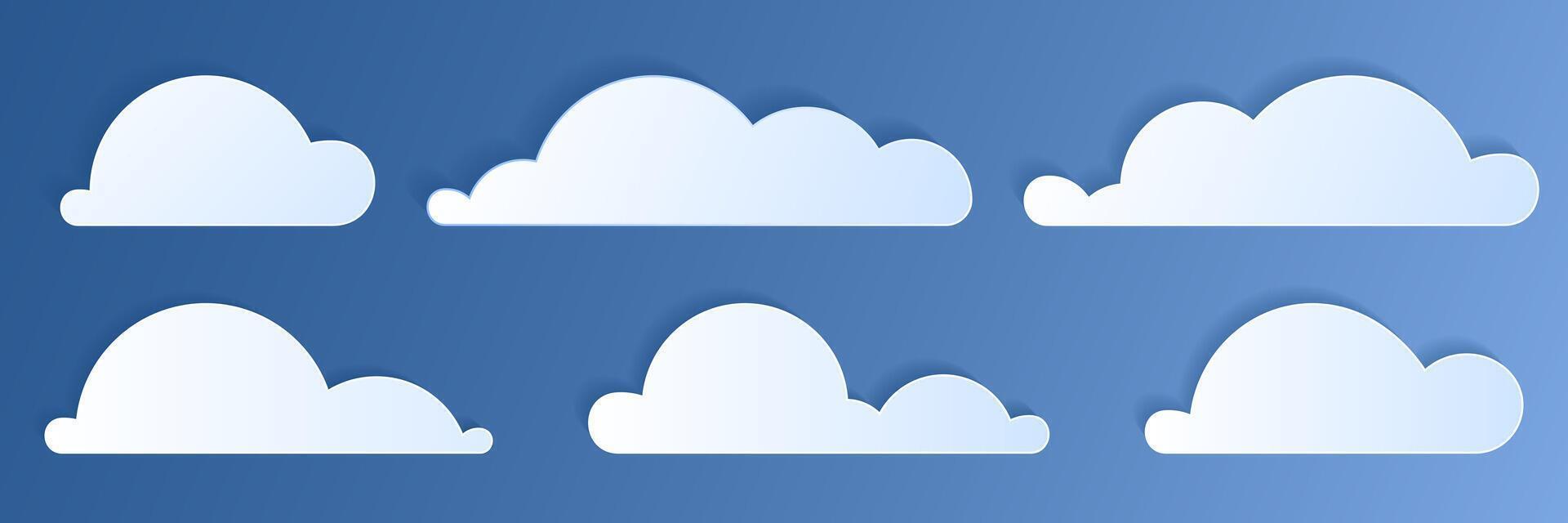 papier besnoeiing wolken reeks Aan blauw lucht achtergrond. voorspelling wit wolk icoon symbool verzameling. 3d papercraft kader icoon voor posters en flyers, presentatie, web, sociaal media, ontwerp, banier en sticker. vector