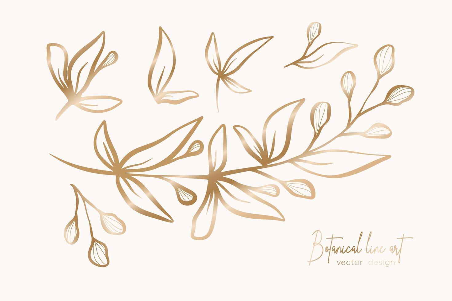 botanisch elegant goud lijn kunst illustratie van bloem bladeren Afdeling voor bruiloft uitnodiging en kaarten, logo ontwerp, web, sociaal media en poster, sjabloon, advertentie, schoonheid en kunstmatig industrie. vector