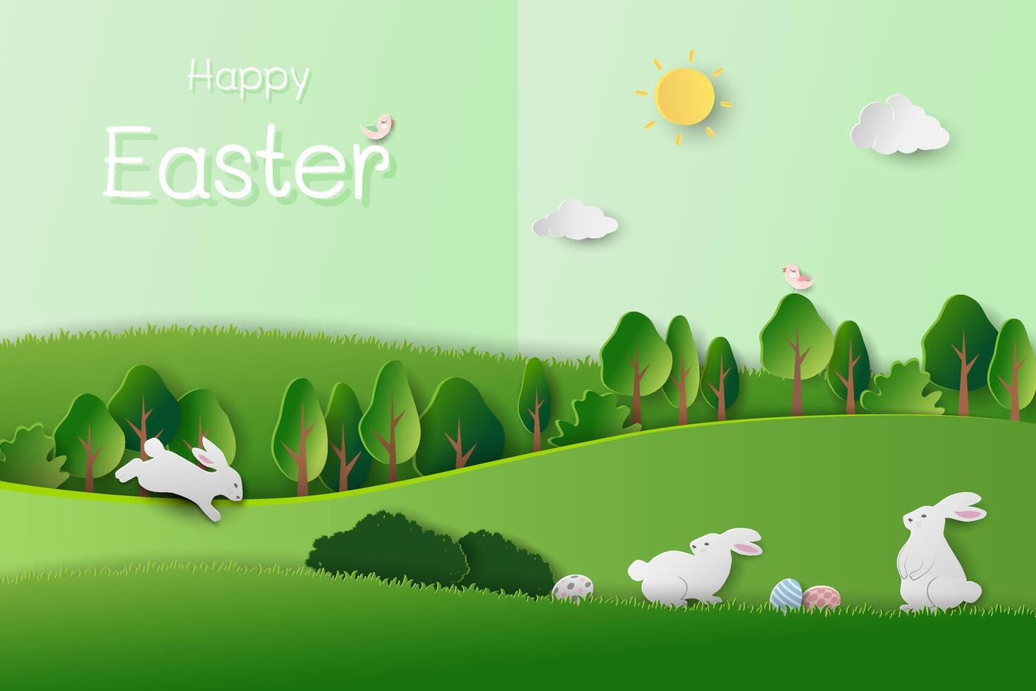 papier kunst pasen dag concept met wit konijnen gelukkig in de tuin Aan zonneschijn dag vector