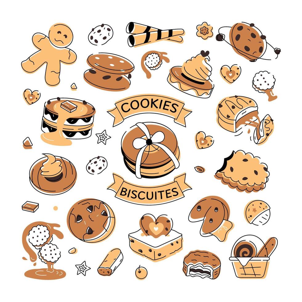 een tekening stijl koekje vector beeltenis divers types van bakkerij voedsel en banketbakkerij items