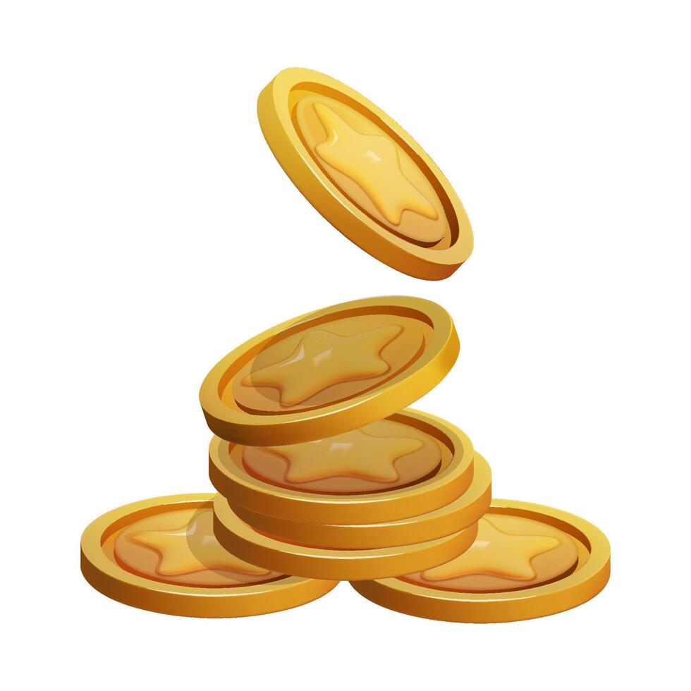 spel munt stack 3d geven geïsoleerd. goud geld Aan wit achtergrond. munt met ster voor spel beloning en prijs. vector 3d illustratie.
