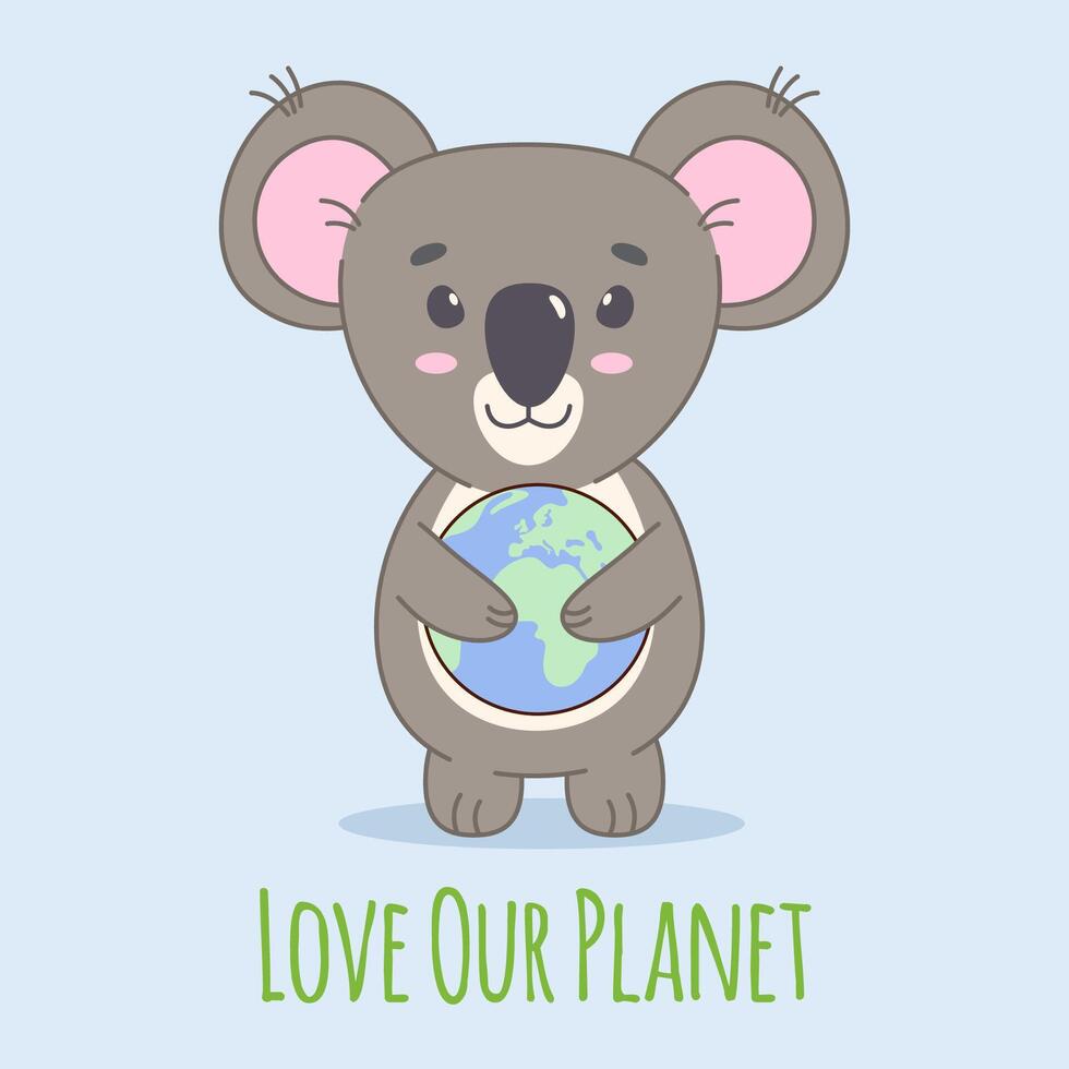 aarde dag kaart, poster, banier met schattig koala beer Holding planeet vector