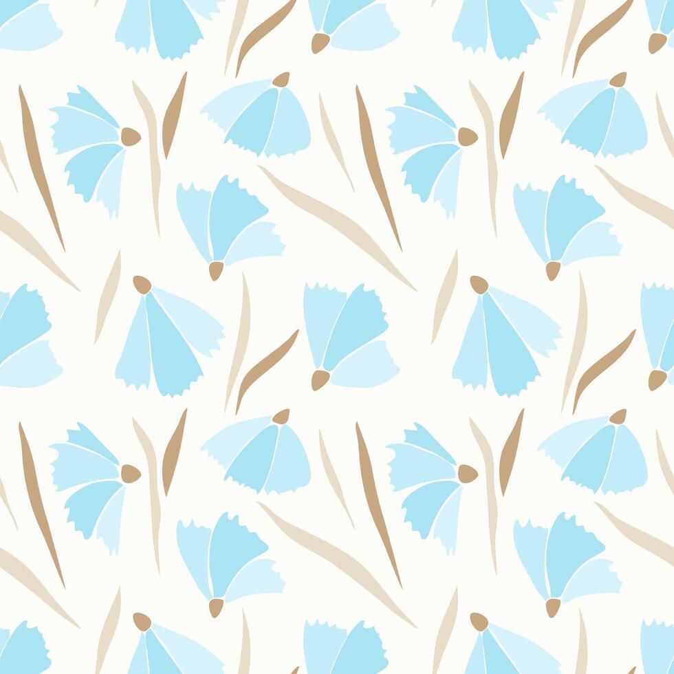 korenbloemen patroon van blauw bloemen en bruin bladeren Aan pastel creme achtergrond. vector