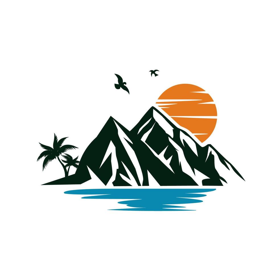 natuur berg met zee en zon illustratie vector logo