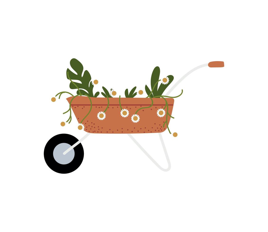 tuinieren, kruiwagen met bloemen en planten pictogram geïsoleerd ontwerp vector