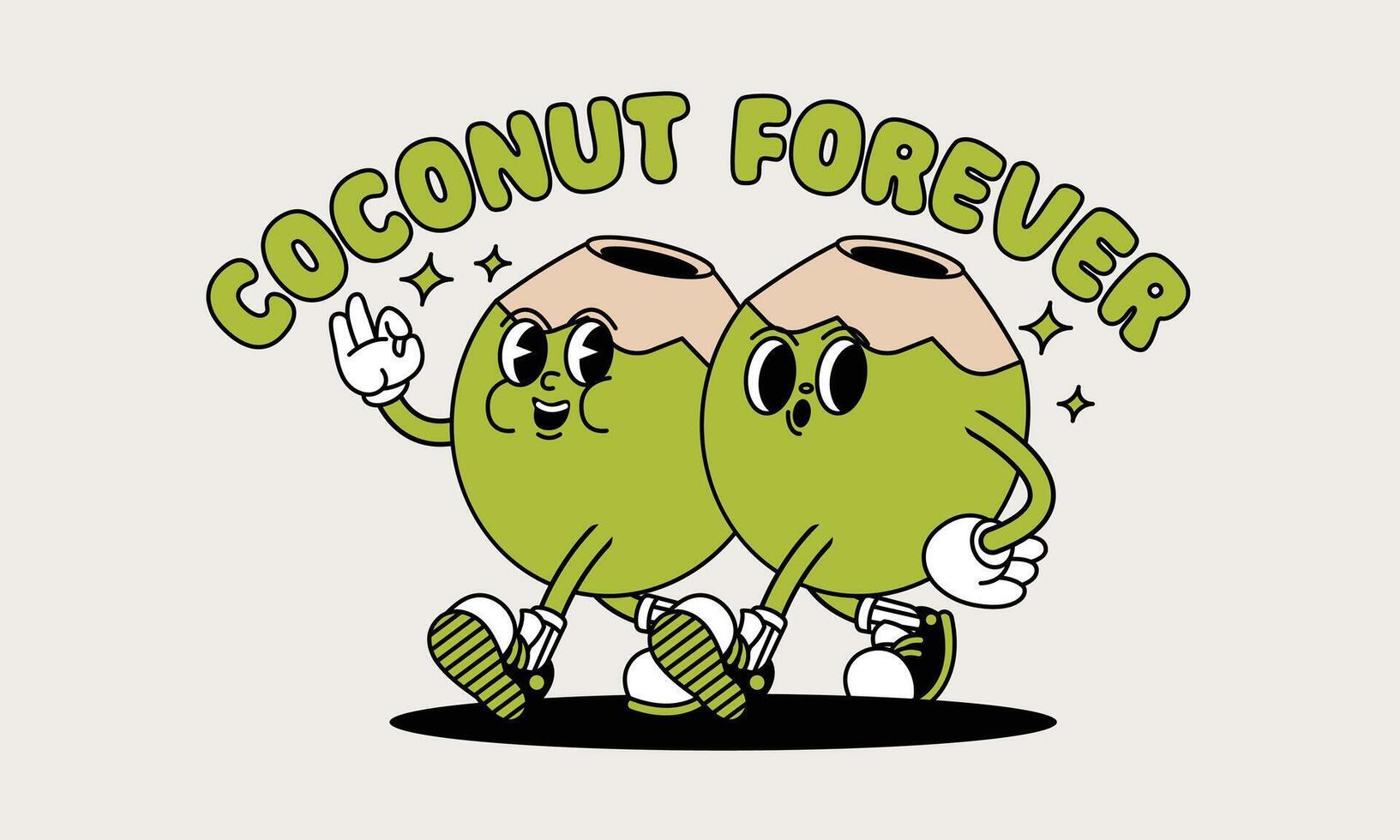 jong kokosnoot retro mascotte met hand- en voet. fruit retro tekenfilm stickers met grappig grappig tekens en gehandschoende handen. vector