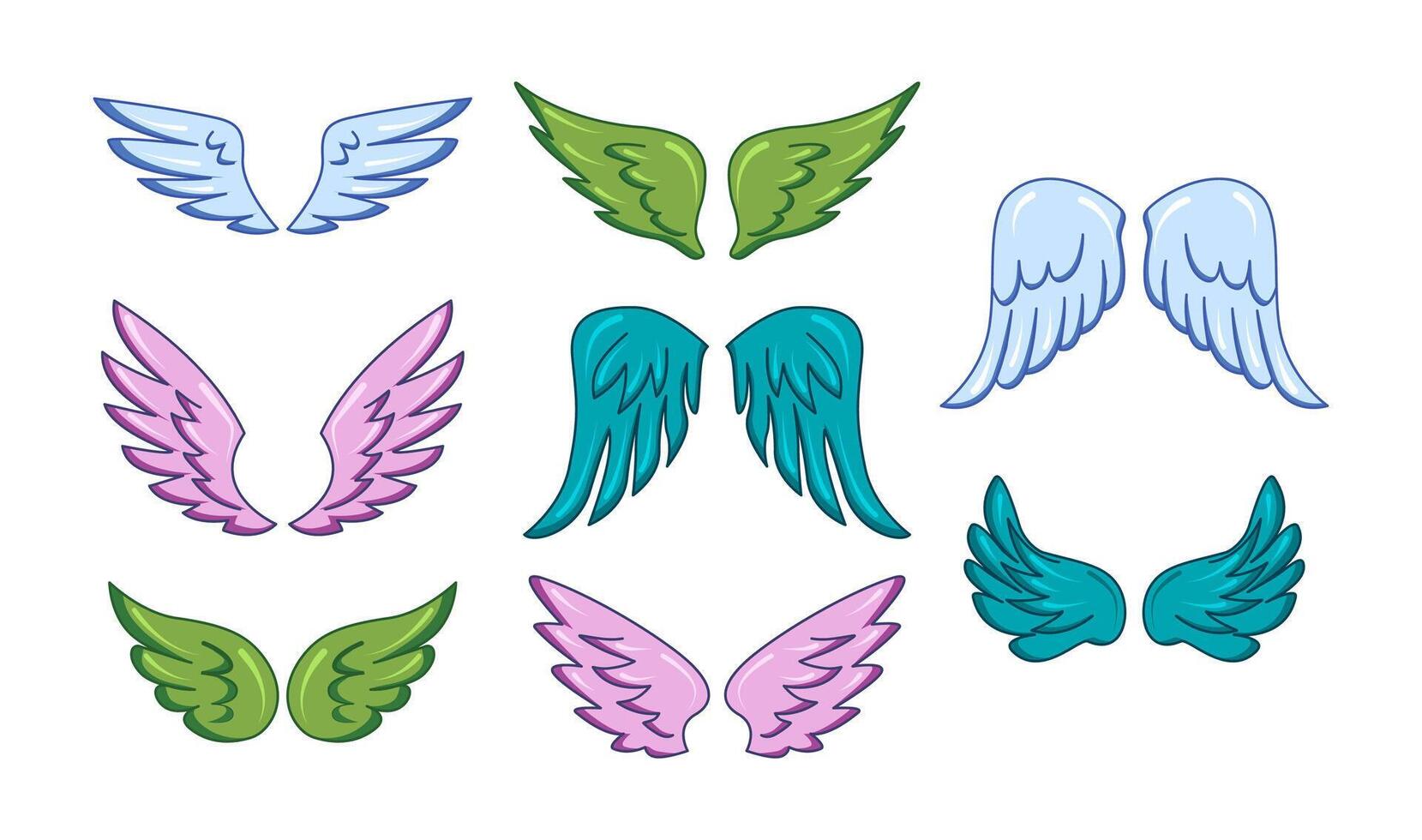 kleurrijk engel Vleugels in divers stijlen en tinten, geïsoleerd Aan wit vector