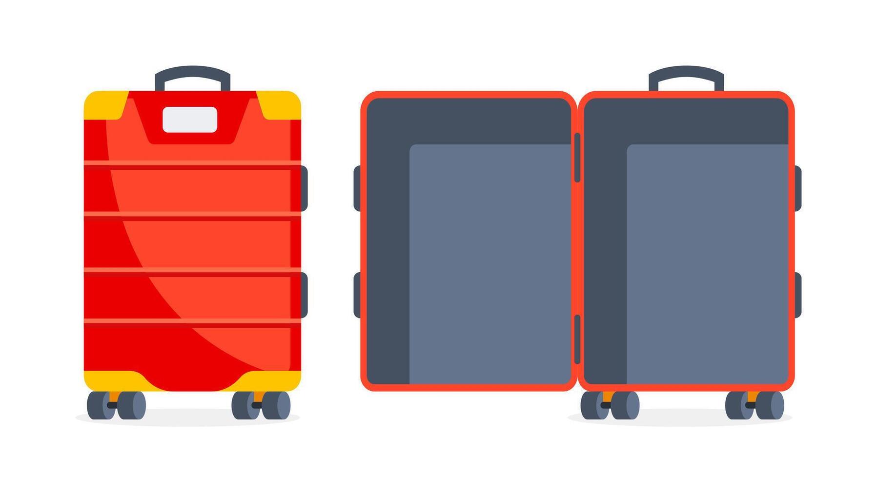 zak reizen. leeg Open rood koffer. plastic bagage. vector illustratie