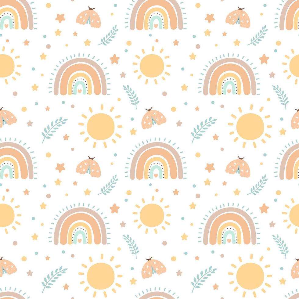 Boheems baby patroon Aan wit achtergrond. naadloos patroon in boho stijl met mot, zon en regenboog voor textiel of kleding stof voor pasgeborenen vector