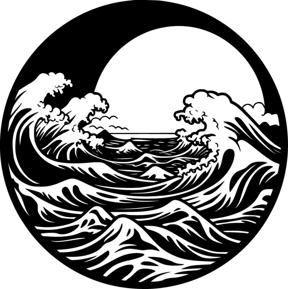 zee - zwart en wit geïsoleerd icoon - vector illustratie