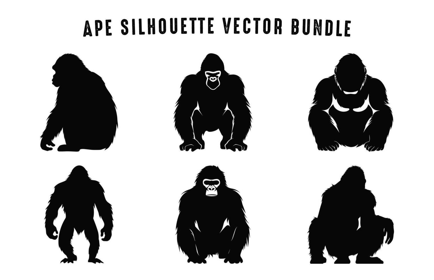 aap silhouet vector zwart clip art set, chimpansee aap silhouetten bundel