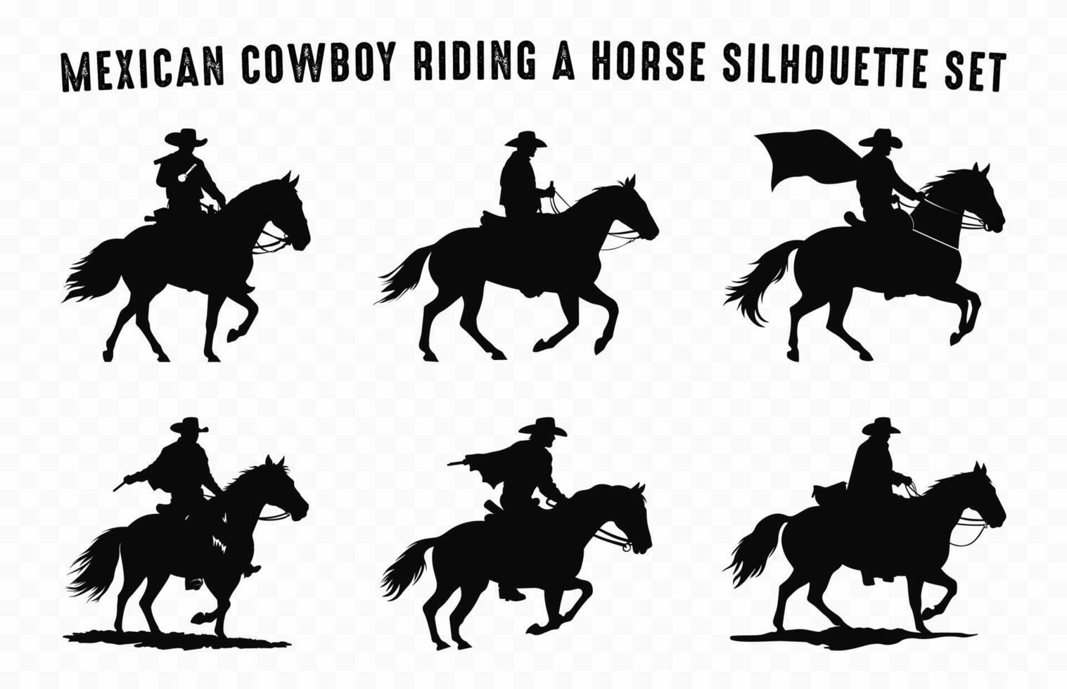 Mexicaans cowboy rijden een paard silhouetten vector set, charro paard zwart silhouet bundel